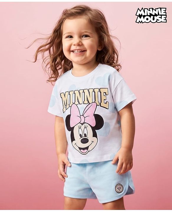 Babyhug Disney 100% Cotton Knit Half Sleeves T-Shirt & Shorts Set With Minnie Mouse Graphics - Light Blue