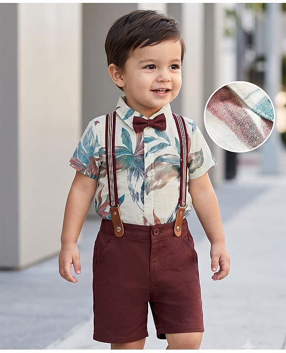 Babyhug Cotton Woven Half Sleeves Tropical Theme Printed Party Shirt & Shorts Set With Suspender & Bow - Multicolor