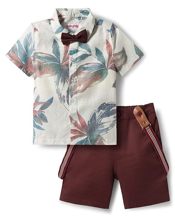 Babyhug Cotton Woven Half Sleeves Tropical Theme Printed Party Shirt & Shorts Set With Suspender & Bow - Multicolor