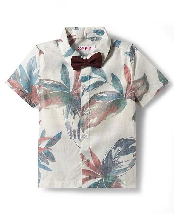 Babyhug Cotton Woven Half Sleeves Tropical Theme Printed Party Shirt & Shorts Set With Suspender & Bow - Multicolor