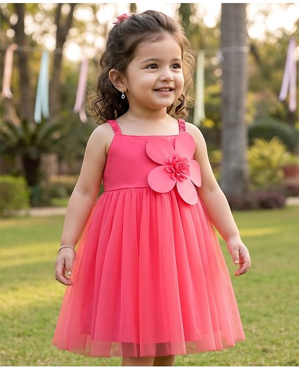 Babyhug Woven Sleeveless Mesh Party Dress with Floral Applique & Frill Detailing - Pink