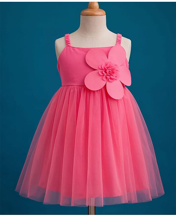 Babyhug Woven Sleeveless Mesh Party Dress with Floral Applique & Frill Detailing - Pink