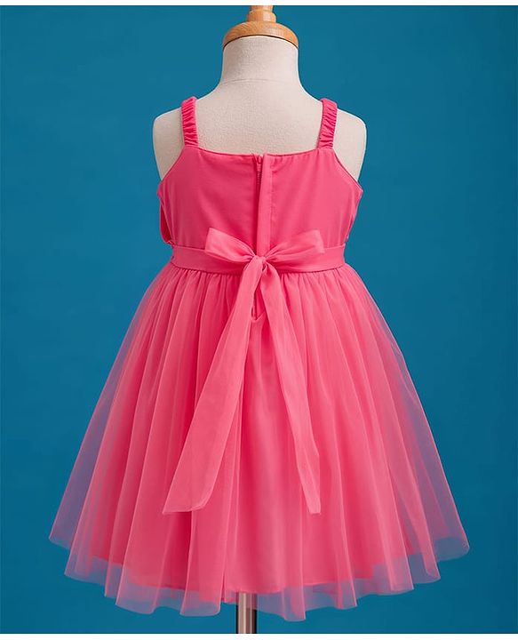 Babyhug Woven Sleeveless Mesh Party Dress with Floral Applique & Frill Detailing - Pink