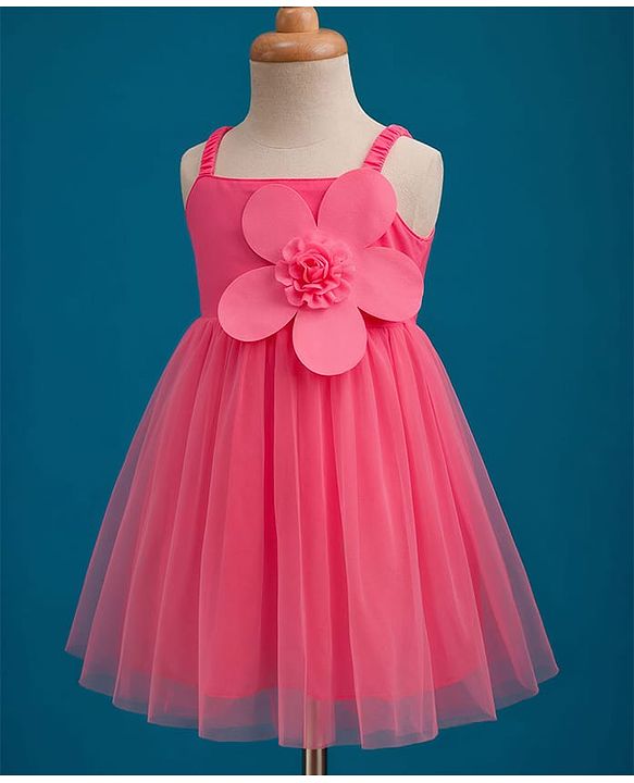 Babyhug Woven Sleeveless Mesh Party Dress with Floral Applique & Frill Detailing - Pink