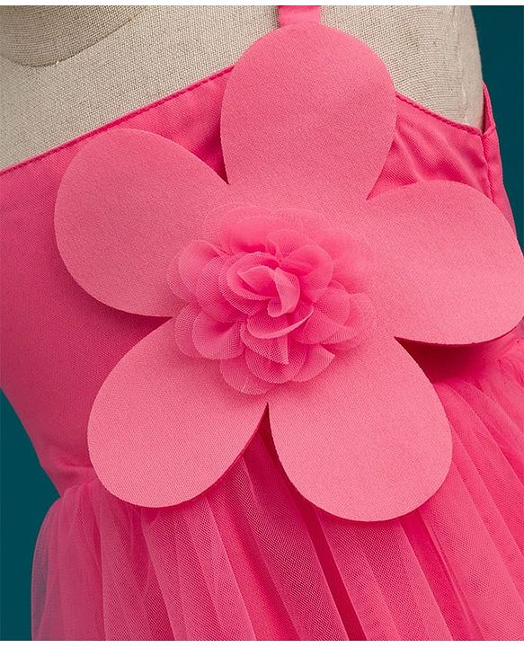 Babyhug Woven Sleeveless Mesh Party Dress with Floral Applique & Frill Detailing - Pink