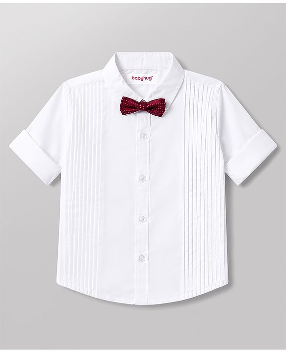Babyhug Cotton Satin Woven Full Sleeves Pintuck Solid Shirt with Bow - White