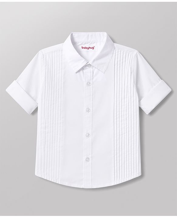 Babyhug Cotton Satin Woven Full Sleeves Pintuck Solid Shirt with Bow - White