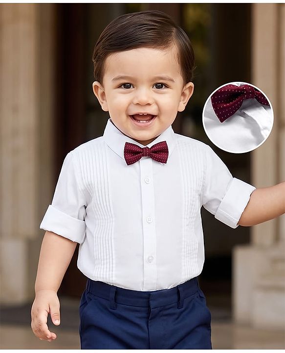Babyhug Cotton Satin Woven Full Sleeves Pintuck Solid Shirt with Bow - White