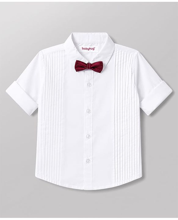 Babyhug Cotton Satin Woven Full Sleeves Pintuck Solid Shirt with Bow - White