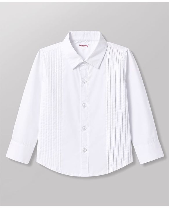 Babyhug Cotton Satin Woven Full Sleeves Pintuck Solid Shirt with Bow - White
