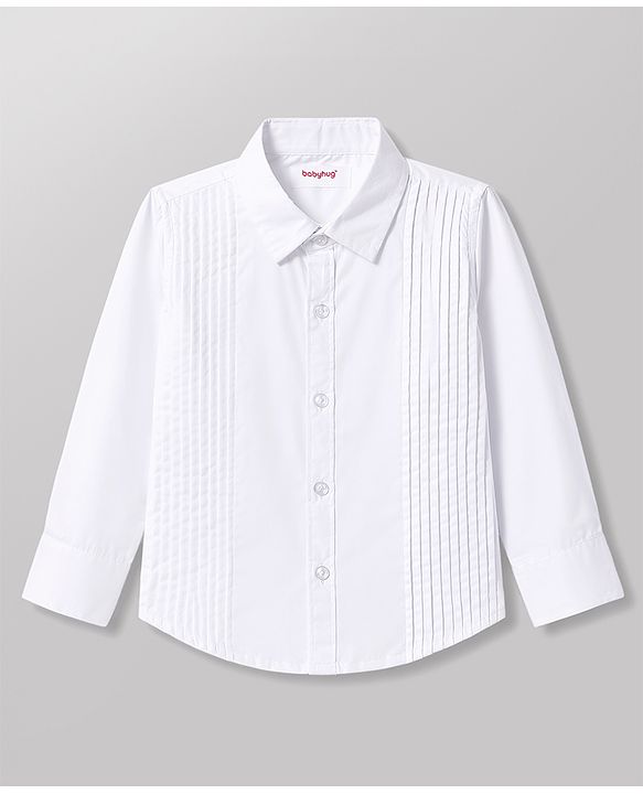 Babyhug Cotton Satin Woven Full Sleeves Pintuck Solid Shirt with Bow - White