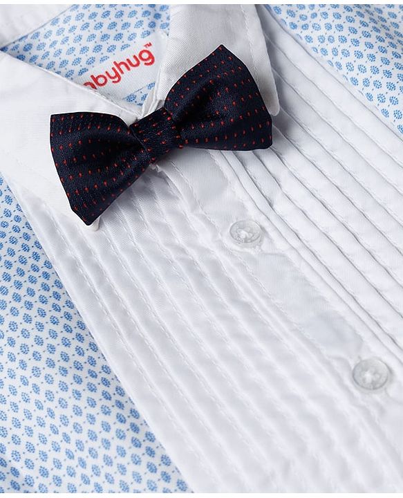Babyhug Cotton Woven Full Sleeves Printed Pintuck Party Shirt With Bow - White