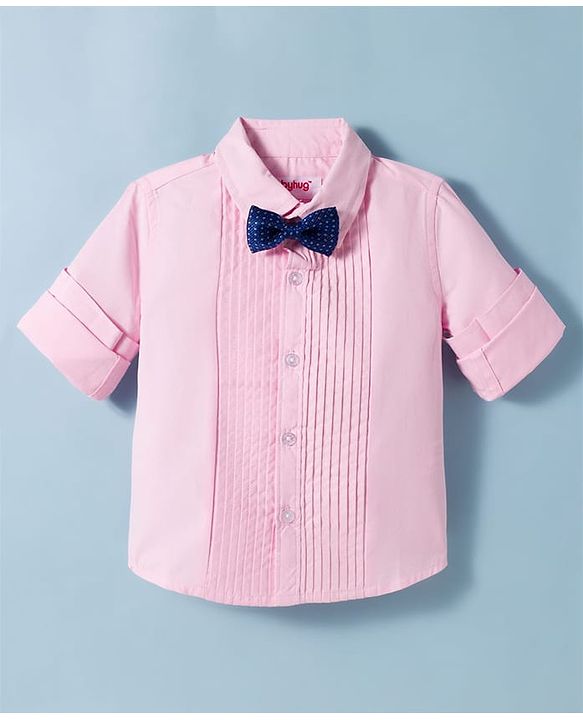 Babyhug Cotton Satin Woven Full Sleeves Pintuck Solid Shirt with Bow - Pink