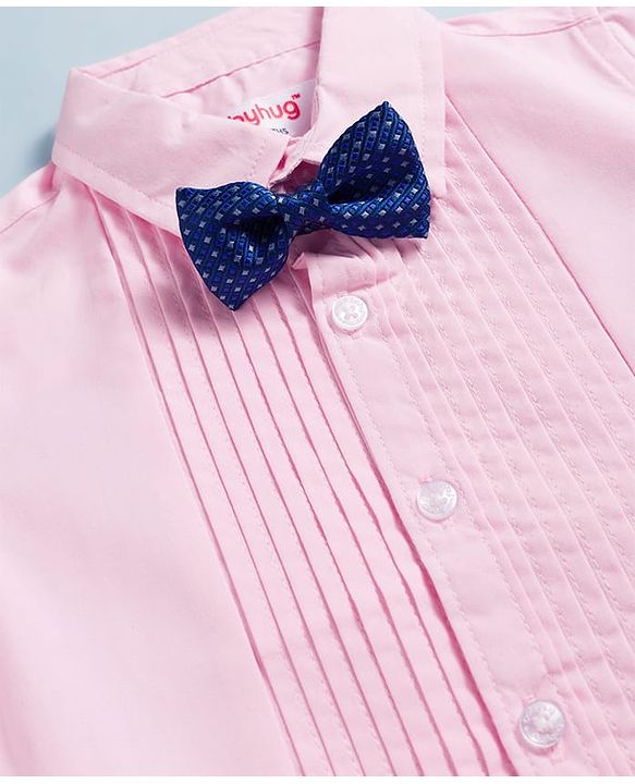 Babyhug Cotton Satin Woven Full Sleeves Pintuck Solid Shirt with Bow - Pink