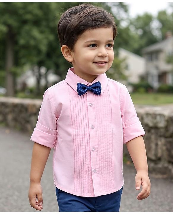 Babyhug Cotton Satin Woven Full Sleeves Pintuck Solid Shirt with Bow - Pink