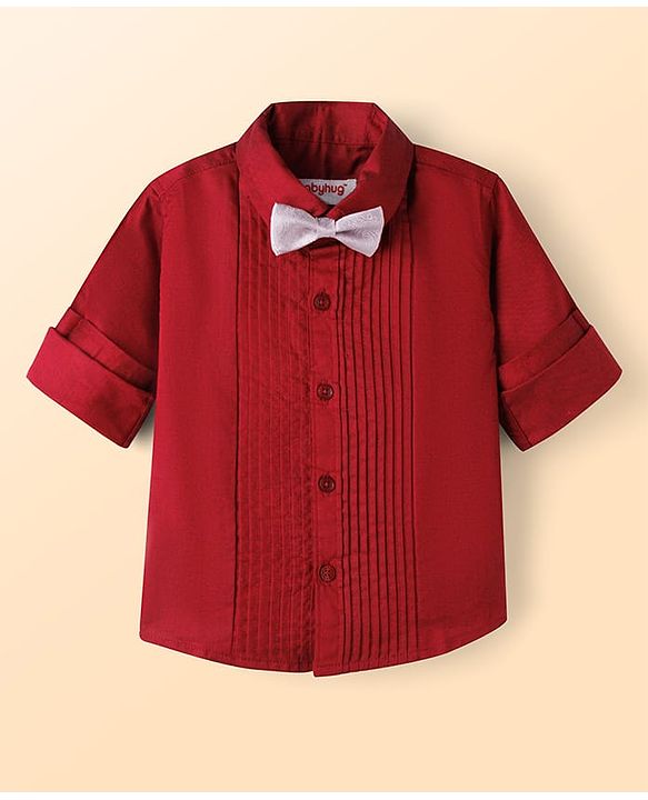 Babyhug Cotton Satin Woven Full Sleeves Pintuck Solid Shirt with Bow - Red