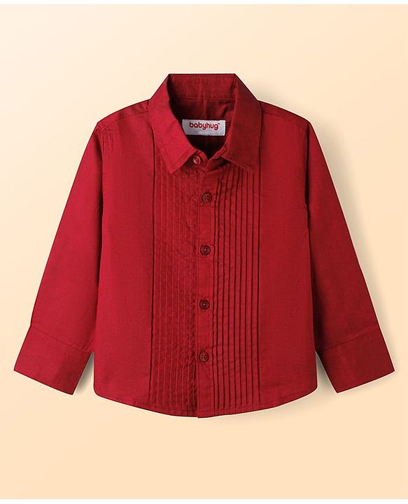 Babyhug Cotton Satin Woven Full Sleeves Pintuck Solid Shirt with Bow - Red
