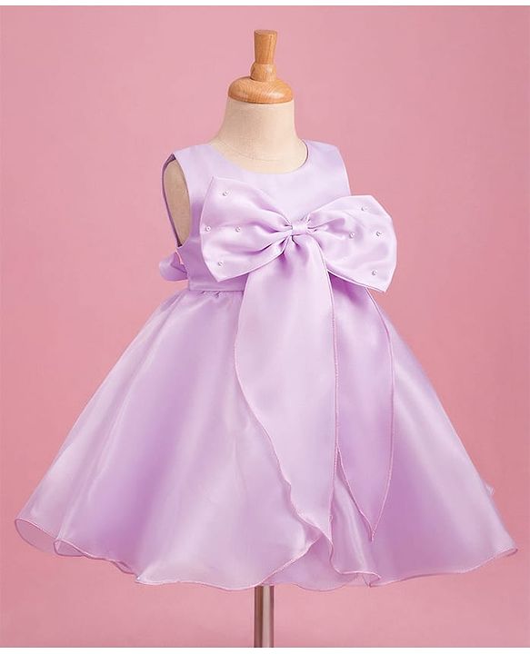 Babyhug Woven Sleeveless Party Dress with Bow Applique Cotton Lining & Pearl Detailing - Purple