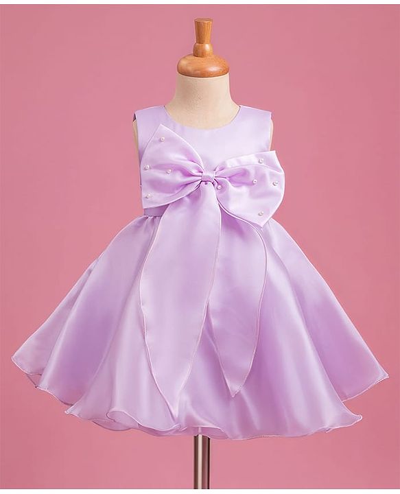 Babyhug Woven Sleeveless Party Dress with Bow Applique Cotton Lining & Pearl Detailing - Purple