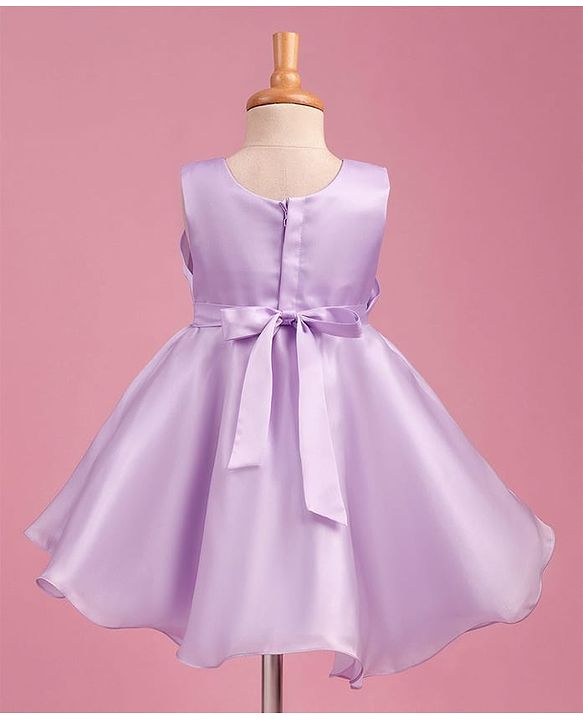 Babyhug Woven Sleeveless Party Dress with Bow Applique Cotton Lining & Pearl Detailing - Purple