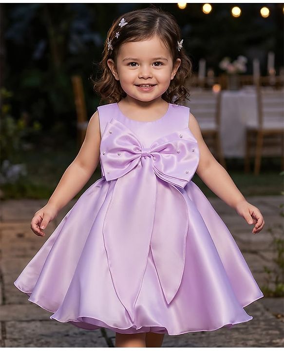 Babyhug Woven Sleeveless Party Dress with Bow Applique Cotton Lining & Pearl Detailing - Purple