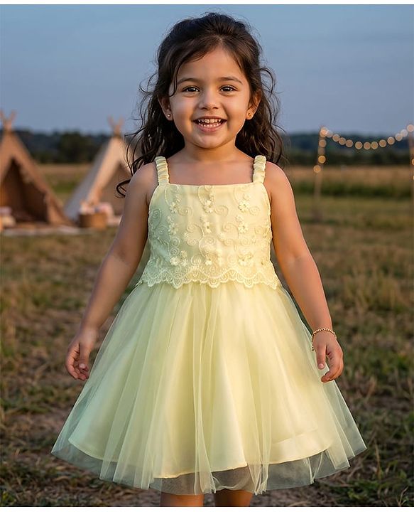 Babyhug Mesh Woven Sleeveless Party Dress with Floral Embroidery - Yellow