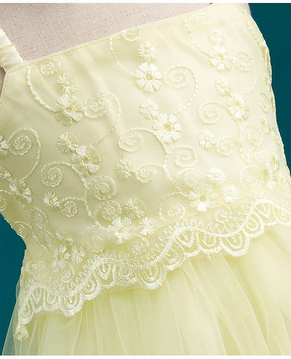 Babyhug Mesh Woven Sleeveless Party Dress with Floral Embroidery - Yellow
