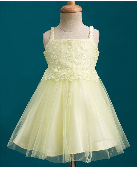 Babyhug Mesh Woven Sleeveless Party Dress with Floral Embroidery - Yellow