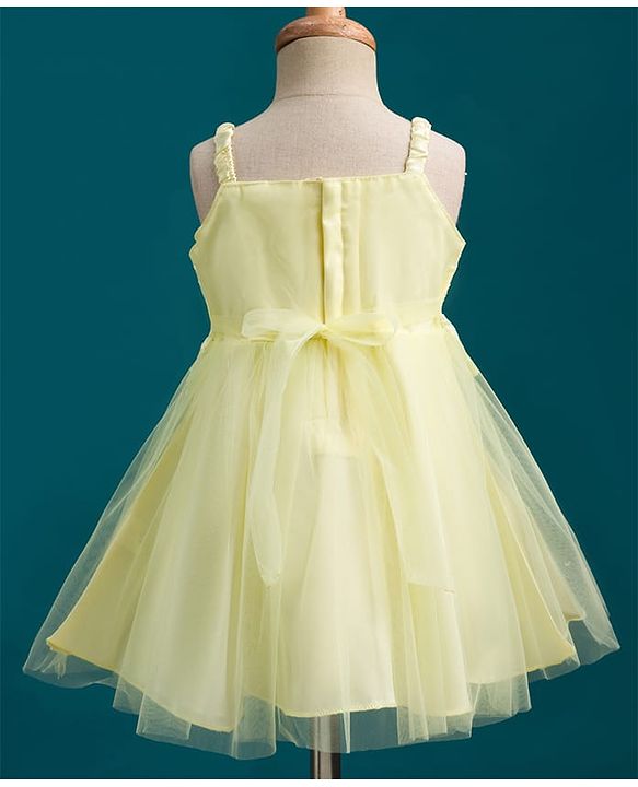 Babyhug Mesh Woven Sleeveless Party Dress with Floral Embroidery - Yellow