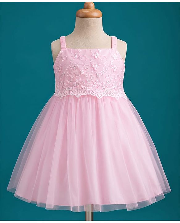 Babyhug Mesh Woven Sleeveless Party Dress with Floral Embroidery - Yellow