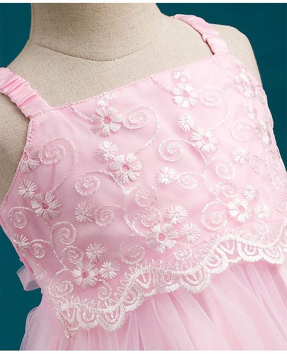 Babyhug Mesh Woven Sleeveless Party Dress with Floral Embroidery - Yellow
