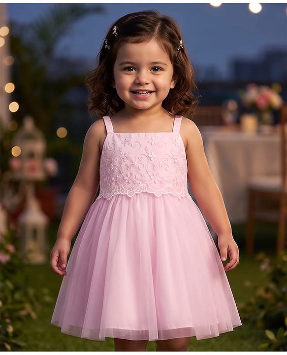 Babyhug Mesh Woven Sleeveless Party Dress with Floral Embroidery - Yellow