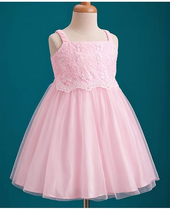 Babyhug Mesh Woven Sleeveless Party Dress with Floral Embroidery - Yellow