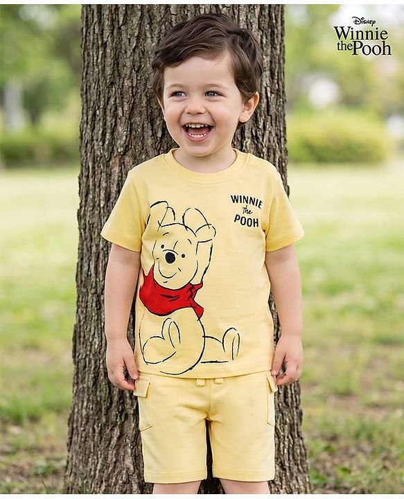 Babyhug Disney 100% Cotton Knit Half Sleeves T-Shirt & Shorts Set With Winnie The Pooh Graphics - Yellow