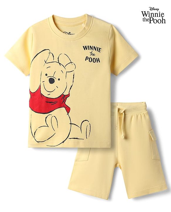 Babyhug Disney 100% Cotton Knit Half Sleeves T-Shirt & Shorts Set With Winnie The Pooh Graphics - Yellow