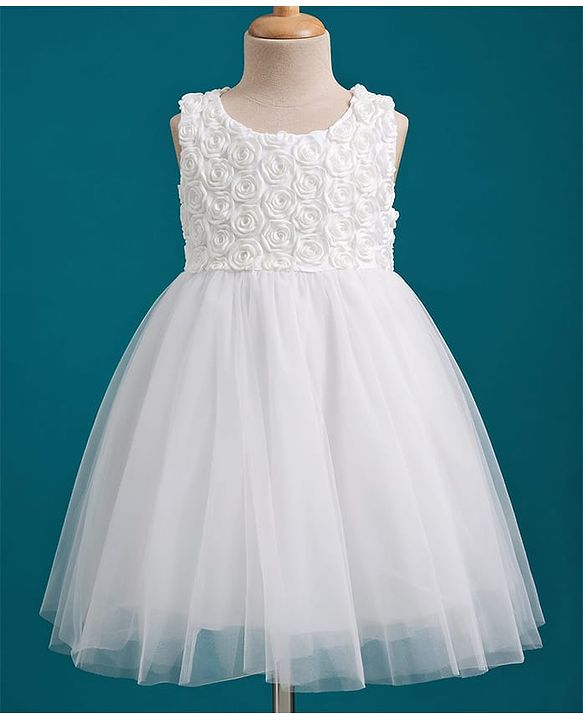 Babyhug Mesh Woven Sleeveless Party Dress with Corsage - White