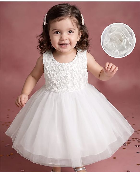 Babyhug Mesh Woven Sleeveless Party Dress with Corsage - White
