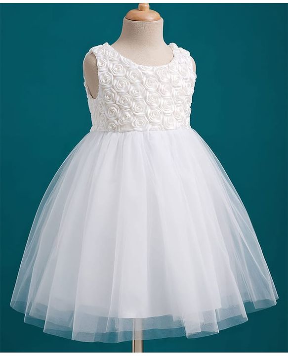 Babyhug Mesh Woven Sleeveless Party Dress with Corsage - White