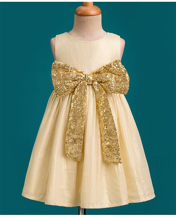 Babyhug Mesh Woven Sleeveless Shimmer Party Dress with Sequinned Bow Applique - Golden