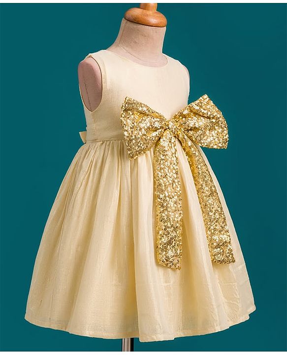 Babyhug Mesh Woven Sleeveless Shimmer Party Dress with Sequinned Bow Applique - Golden