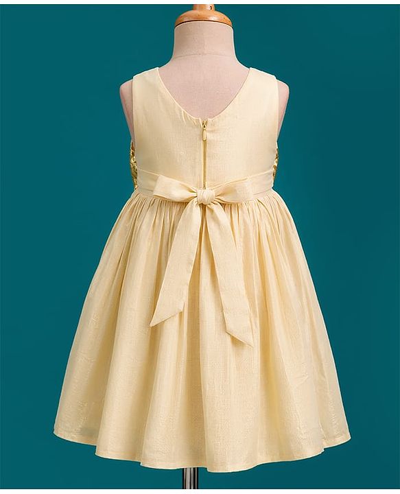 Babyhug Mesh Woven Sleeveless Shimmer Party Dress with Sequinned Bow Applique - Golden