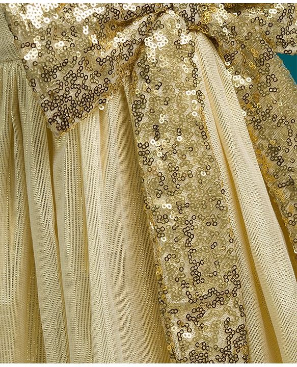 Babyhug Mesh Woven Sleeveless Shimmer Party Dress with Sequinned Bow Applique - Golden
