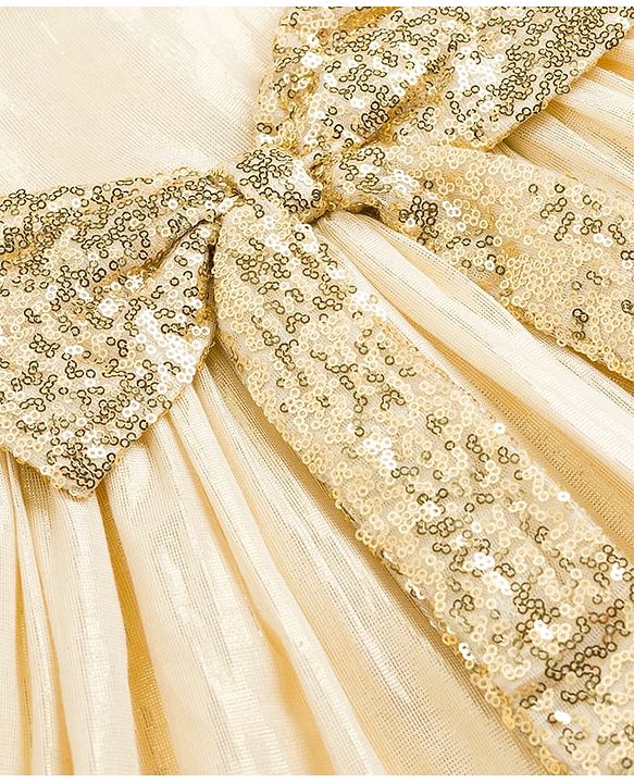 Babyhug Mesh Woven Sleeveless Shimmer Party Dress with Sequinned Bow Applique - Golden