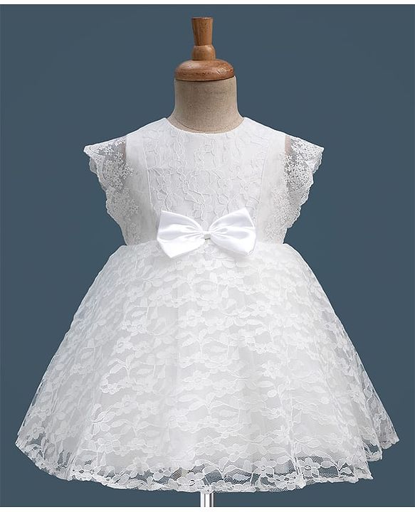 Babyhug Lace Woven Cap Sleeves Party Dress With Satin Bow Applique & Cotton Lining - White