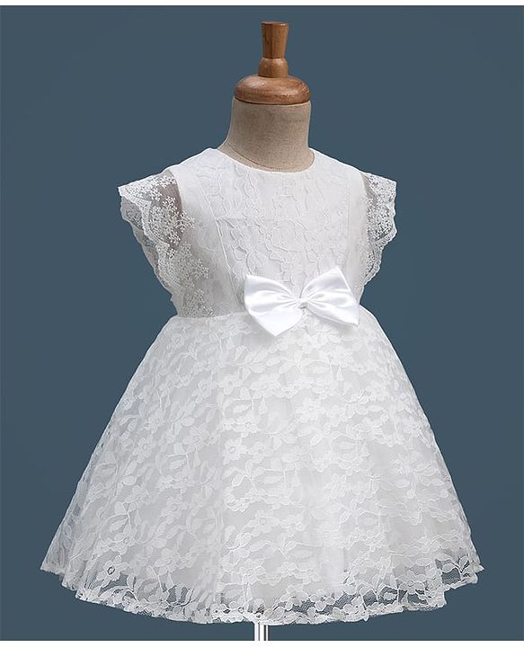 Babyhug Lace Woven Cap Sleeves Party Dress With Satin Bow Applique & Cotton Lining - White