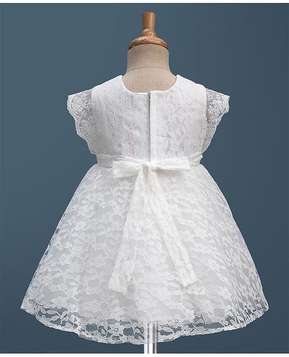 Babyhug Lace Woven Cap Sleeves Party Dress With Satin Bow Applique & Cotton Lining - White