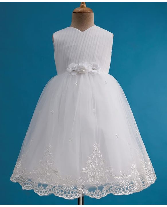 Babyhug Mesh Woven Sleeveless 5 Layer Embroidered Party Gown with Yoke Pleating & Corsage Detailing - White