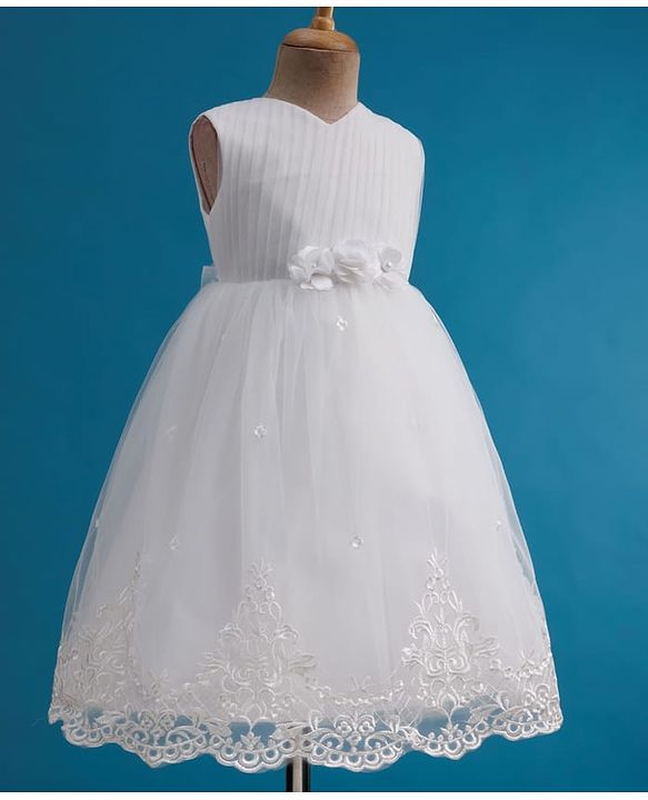 Babyhug Mesh Woven Sleeveless 5 Layer Embroidered Party Gown with Yoke Pleating & Corsage Detailing - White