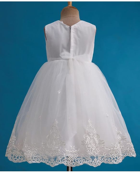 Babyhug Mesh Woven Sleeveless 5 Layer Embroidered Party Gown with Yoke Pleating & Corsage Detailing - White