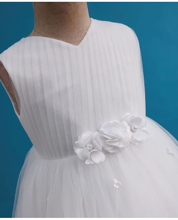 Babyhug Mesh Woven Sleeveless 5 Layer Embroidered Party Gown with Yoke Pleating & Corsage Detailing - White